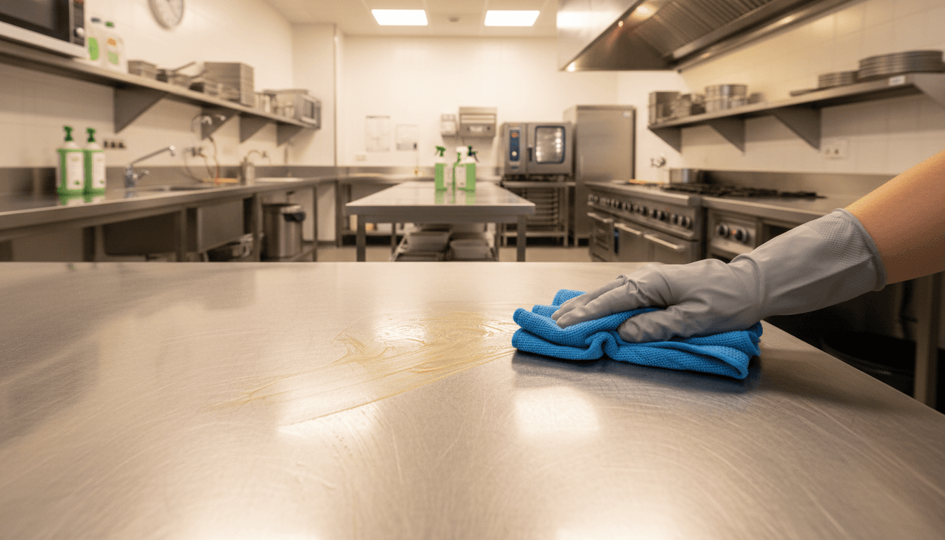 Limpieza profesional de cocina con tecnología segura eliminando grasa de acero inoxidable